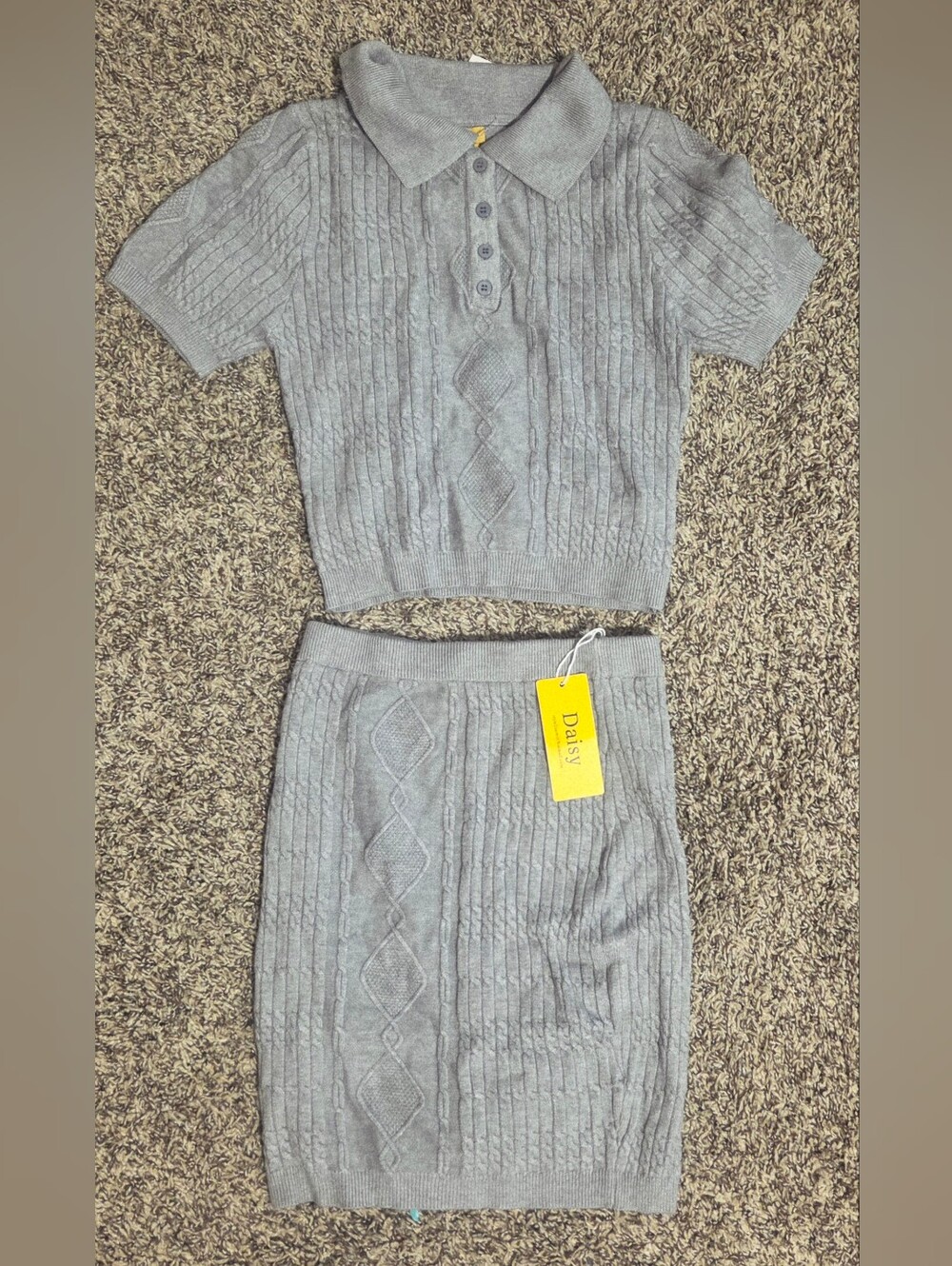 Daisy Light Gray Polo Cable-Knit Top & Skirt Set Size M